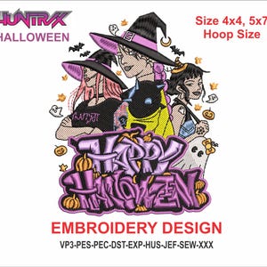 May include: An embroidery design featuring three stylized figures in witch hats, with the text "Happy Halloween" in a purple graffiti style. The design includes bats, pumpkins, and ghosts. The text "Embroidery Design" is also present.