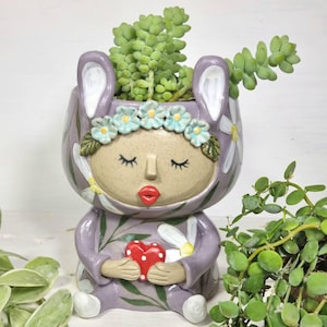 Handmade Ceramic Bunny Planter, Floral Crown, Cute Bunny Succulent Planter, Heart Detail, Whimsical Rabbit Pot with Floral Wreath.
