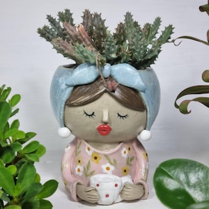 Handmade Ceramic Planter, &quot;Morning Bloom&quot; Girl Planter, Unique Succulent Pot, Whimsical Planter with Headscarf, Gift for Plant Lovers