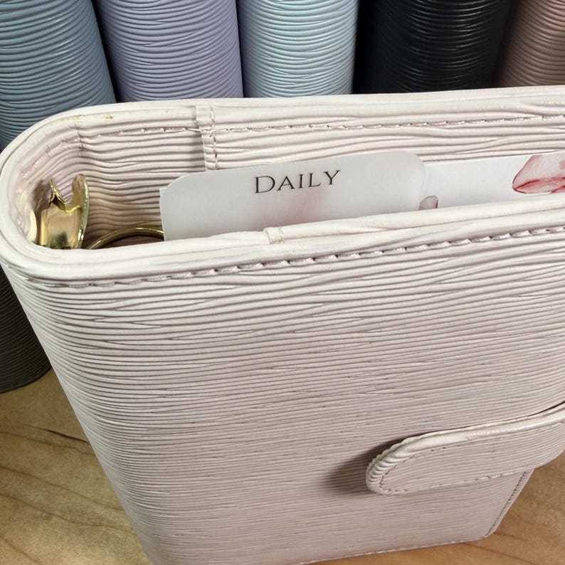 Może przedstawiać: Jasnor&oacute;żowy, teksturowany sk&oacute;rzany planer ze złotym zapięciem i pierścieniami. Wewnątrz widoczna jest karta z napisem "DAILY". Tło przedstawia inne planery w r&oacute;żnych pastelowych kolorach.