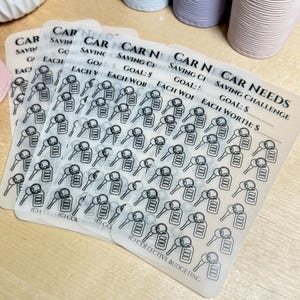 May include: Four clear sheets of stickers with a car key design. Each sheet has the text "CAR NEEDS SAVING CHALLENGE GOAL: £ EACH WORTH: £". The text "(C) COLLECTIVE BUDGETING" is at the bottom of the sheets.