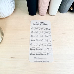 May include: A white card with the text "Moving Saving Challenge" and a grid of 36 small truck icons. The card also has the text "Goal: $ _____" and "ICI Collective Budgeting".