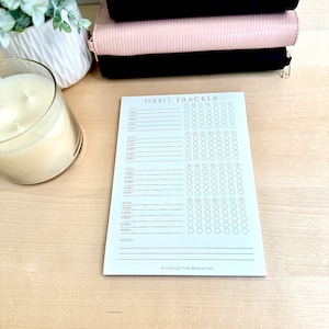 May include: A white habit tracker with black text. The tracker has a column for each day of the week and rows for different habits. The text at the top of the tracker says "HABIT TRACKER". The text at the bottom of the tracker says "ICI COLLECTIVE BUDGETING".