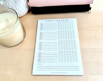 May include: A white habit tracker with black text. The tracker has a column for each day of the week and rows for different habits. The text at the top of the tracker says "HABIT TRACKER". The text at the bottom of the tracker says "ICI COLLECTIVE BUDGETING".