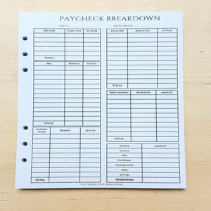 May include: A white, pre-punched paper sheet with a printed "PAYCHECK BREAKDOWN" chart. The chart includes sections for income, expenses, and savings, with columns for expected and actual amounts. The bottom of the sheet has the text "(C) COLLECTIVE BUDGETING."