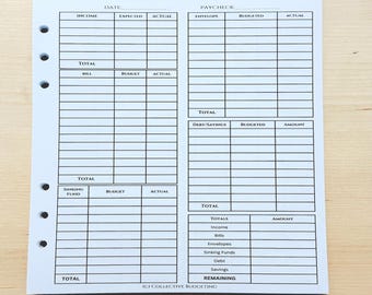 May include: A white, pre-punched paper sheet with a printed "PAYCHECK BREAKDOWN" chart. The chart includes sections for income, expenses, and savings, with columns for expected and actual amounts. The bottom of the sheet has the text "(C) COLLECTIVE BUDGETING."