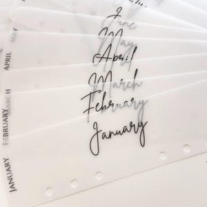 May include: A fan of translucent white planner dividers with months of the year printed in elegant black script. The months include January, February, March, April, May, and June. Each divider has three small circular holes for binding.