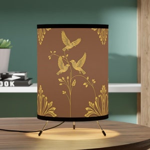 Art Deco Botanical Pattern with Birds Tripod Lamp, Elegant Home Lighting Fixture, Gold Decor, Housewarming Gift, Unique Cozy Desk Lighting