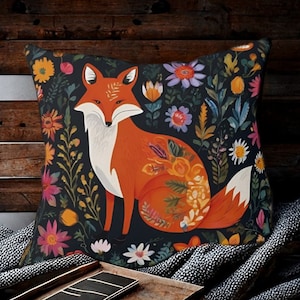 Cottagecore fox folk art square pillow (insert included), fairycore naturecore forestcore shabby chic dark academia woodland animal pillow