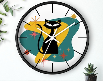 Atomic Black Cat Wall Clock: Mid Century Modern Retro Inspired Decor, Black cat clock, Mid century Mod clock