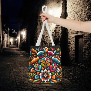Mexikanische Tragetasche mit Blumenmuster: Schultertasche im hispanischen Stil, farbenfrohes Druckmuster, Zierstickerei Bild 7