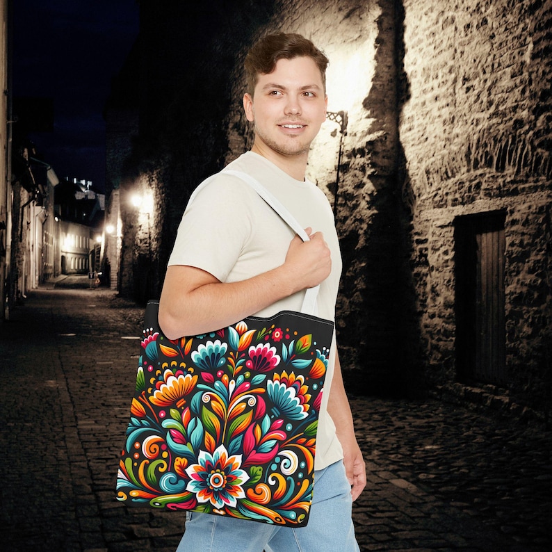 Mexikanische Tragetasche mit Blumenmuster: Schultertasche im hispanischen Stil, farbenfrohes Druckmuster, Zierstickerei Bild 8