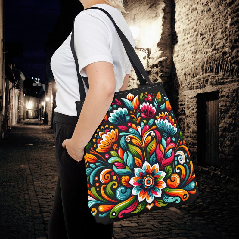 Mexikanische Tragetasche mit Blumenmuster: Schultertasche im hispanischen Stil, farbenfrohes Druckmuster, Zierstickerei Bild 1