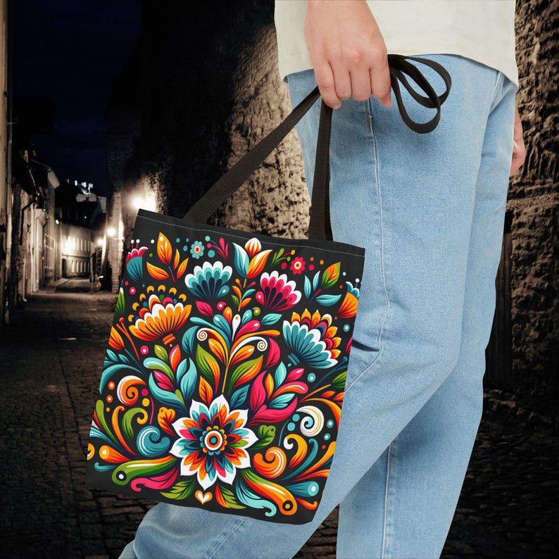 Mexikanische Tragetasche mit Blumenmuster: Schultertasche im hispanischen Stil, farbenfrohes Druckmuster, Zierstickerei Bild 2