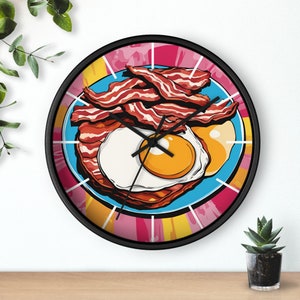 Pop art bacon and eggs breakfast wall clock, unique maximalist kitchen clock, modern wall clock, retro inspired design, vintage inspired