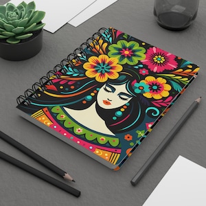 Hispanic heritage spiral bound journal, Mexican floral folk art design journal, Mexican flower notebook, meditation journal, gift for writer