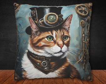 Puede incluir: Un gato atigrado marrón, blanco y naranja que lleva un sombrero de copa negro con gafas y un collar de estilo steampunk. El gato mira hacia la derecha de la imagen. El fondo es un diseño de estilo acuarela azul y verde con engranajes y otros elementos steampunk.