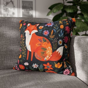 Cottagecore fox folk art square pillowcase, (insert not included) shabby chic naturecore fairycore accent pillowcase, rustic floral pillow
