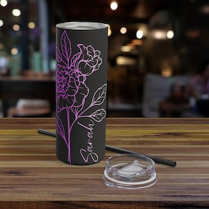 Personalized pink gradient birth flower tumbler, 20oz, custom name tumbler, personalized flower coffee mug, gift for tea/coffee drinkers
