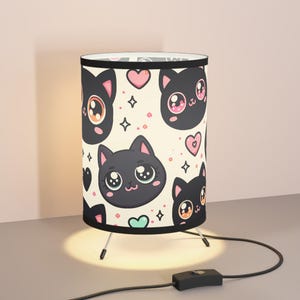Cute kawaii kitties with hearts tripod lamp, Girly black cat table lamp, kid&#39;s home decor, kid&#39;s room dorm room lamp, Cozy cat lover lamp