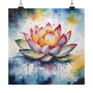 Lotus Watercolor Matte Vertical Poster, Floral Art Print for Home Decor, Colorful Botanical Picture, Boho Wall Hanging, Office Wall Art, Zen