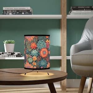 Succulent patterned tripod side lamp, unique botanical decor for plant lovers, succulent vintage inspired reading lamp, plant table lamp