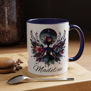 Custom personalizable botanical moon fairy accent coffee mug, 11 or 15oz, 5 interior color options, Personalized Mystical Fairycore Mug Gift