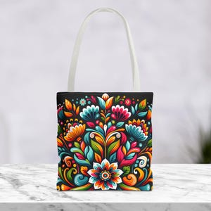 Mexikanische Tragetasche mit Blumenmuster: Schultertasche im hispanischen Stil, farbenfrohes Druckmuster, Zierstickerei Bild 5