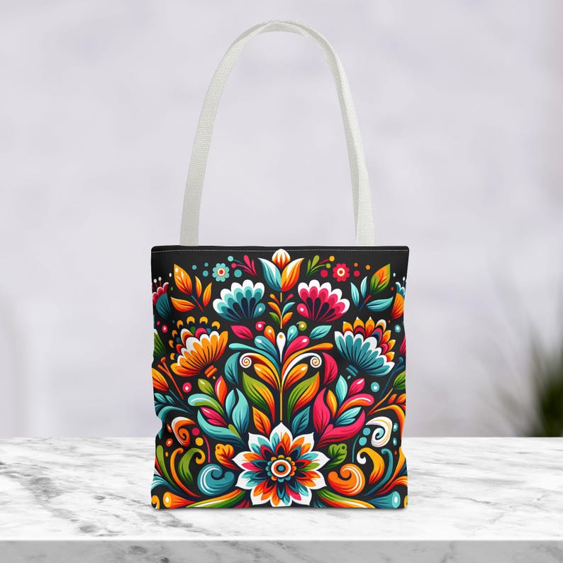 Mexikanische Tragetasche mit Blumenmuster: Schultertasche im hispanischen Stil, farbenfrohes Druckmuster, Zierstickerei Bild 5
