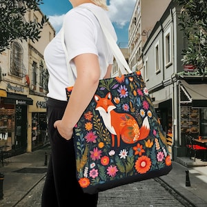 Floral folk art fox tote bag, woodland cottagecore forestcore boho aesthetic tote bag gift, fox lover tote bag