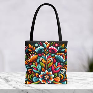 Mexikanische Tragetasche mit Blumenmuster: Schultertasche im hispanischen Stil, farbenfrohes Druckmuster, Zierstickerei Bild 3