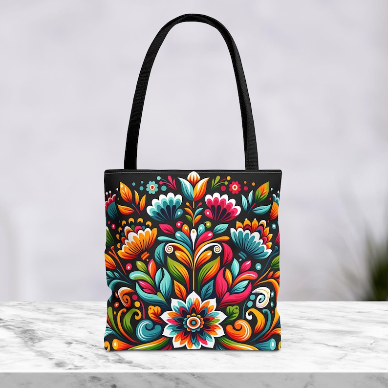 Mexikanische Tragetasche mit Blumenmuster: Schultertasche im hispanischen Stil, farbenfrohes Druckmuster, Zierstickerei Bild 3