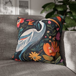 Heron Pillowcase: Colorful Folk Art, Vintage Inspired Accent Pillow