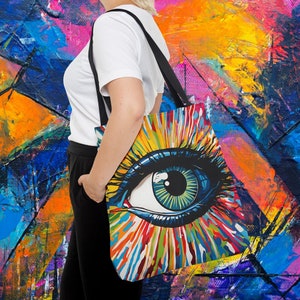 Pop art eyeball tote bag, vibrant maximalist tote, retro inspired print, eclectic funky modern art, unique tote gift for friend, bday, xmas
