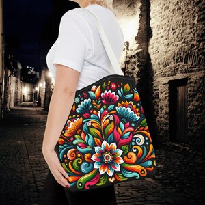 Mexikanische Tragetasche mit Blumenmuster: Schultertasche im hispanischen Stil, farbenfrohes Druckmuster, Zierstickerei Bild 6