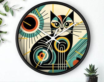 Abstract modern black cat wall clock, retro wall clock, retro decor, 1950s inspired clock, cat art, mid mod 50s 60s cat wall clock gift