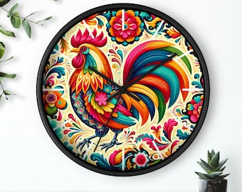 Relógio de parede de galo de arte popular: decoração de fazenda com flores coloridas