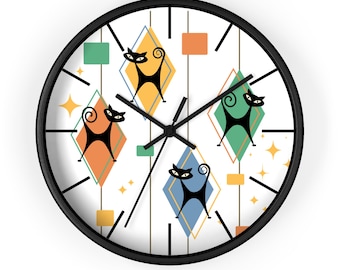 Atomic Black Cat Wall Clock: Mid Century Modern Decor