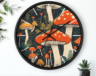 Mushroom Wall Clock: Cottagecore Kitchen Decor, Folk Art Design