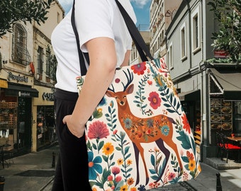 Tragetasche mit Hirschmotiv und Blumenmuster, Boho-Naturästhetik