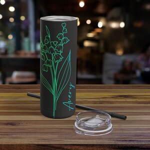 Personalized green and blue gradient birth flower tumbler, 20oz, custom name tumbler, personalizable coffee cup, gift for tea drinkers