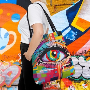 Pop art eyeball tote bag, vibrant maximalist tote, retro inspired print, eclectic funky modern art, unique tote gift for friend, bday, xmas