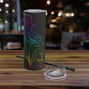 Personalized gradient rainbow birth flower tumbler, 20oz, custom name tumbler, personalized rainbow coffee mug, gift for tea/coffee drinkers