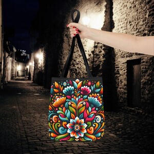 Mexikanische Tragetasche mit Blumenmuster: Schultertasche im hispanischen Stil, farbenfrohes Druckmuster, Zierstickerei Bild 4