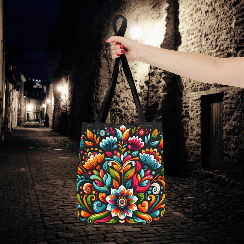 Mexikanische Tragetasche mit Blumenmuster: Schultertasche im hispanischen Stil, farbenfrohes Druckmuster, Zierstickerei Bild 4