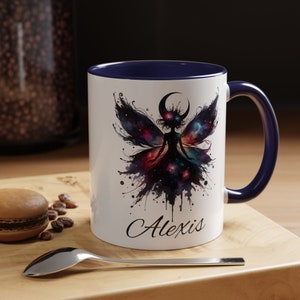 Custom personalizable dark moon fairy accent coffee mug, 11 or 15oz, 5 interior color options, Personalized Mystical Fairycore Mug Gift