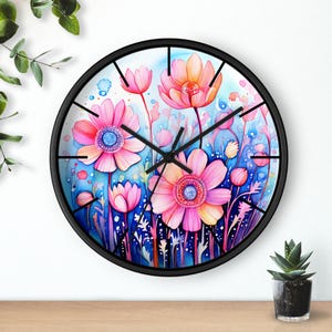 Watercolor pink flowers wall clock, Shabby chic pink floral kitchen clock, whimsical cottagecore kitchen clock
