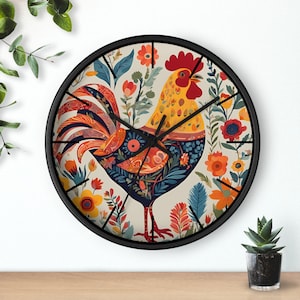 Folk art rooster wall clock, shabby chic, rustic wall decor, perfect for any kitchen or living room