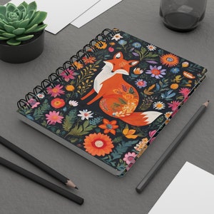 Cottagecore folk art fox spiral bound journal, naturecore fairycore dark academia botanical floral shabby chic, back to school gift