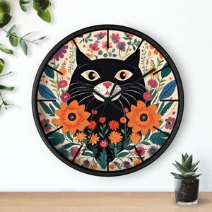Cute black cat wall clock, folk art cat clock, floral cat clock, Cat kitchen clock, unique silly cat clock, whimsical cat lover gift